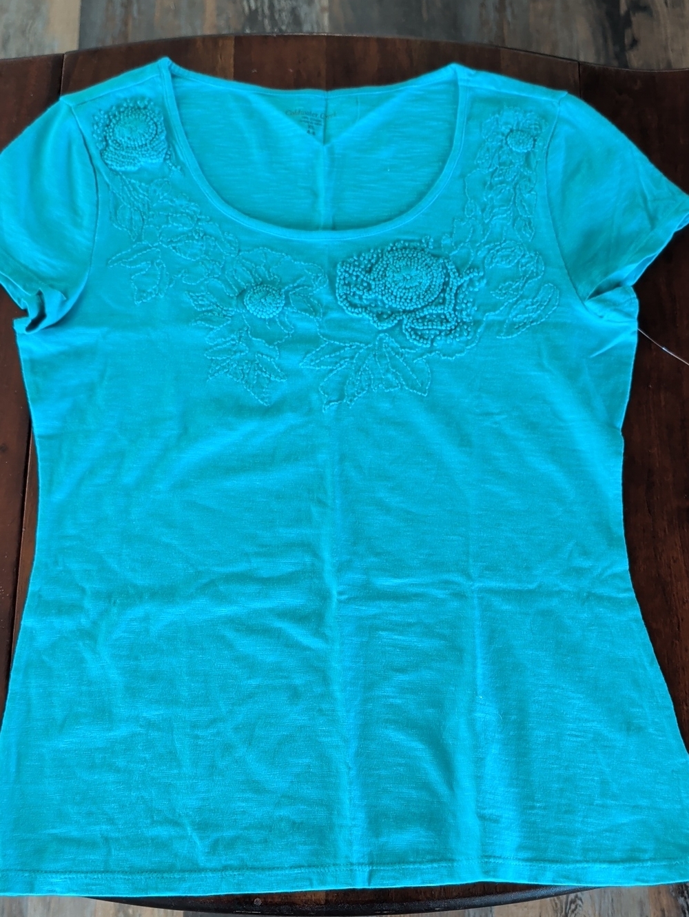 Coldwater Creek Turquoise Scoop Neck Tee with Floral Appliqué